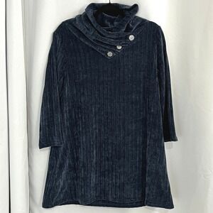Indigo Soul Navy Ribbed Tunic Dress L Cowl Neck Button Detail Boho Cozy Lounge